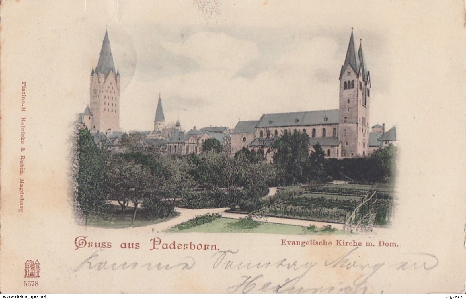 AK Gruss Aus Paderborn Evangel. Kirche Mit Dom Color Gelaufen 29.9.1899 Nach Detmold - Paderborn