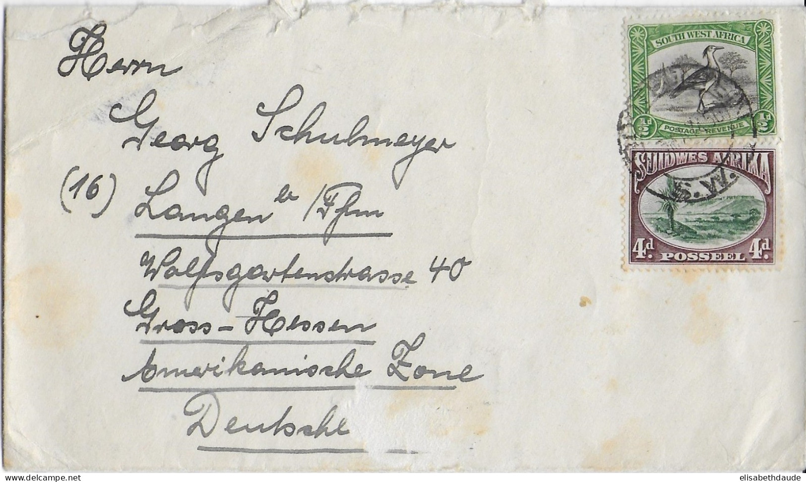 SWA - 1950 - ENVELOPPE De KONDOUZ => LANGEN (GERMANY ZONE AMERICAINE) - "REICH" GRATTE APRES "DEUTSCHES" - Zuidwest-Afrika (1923-1990)