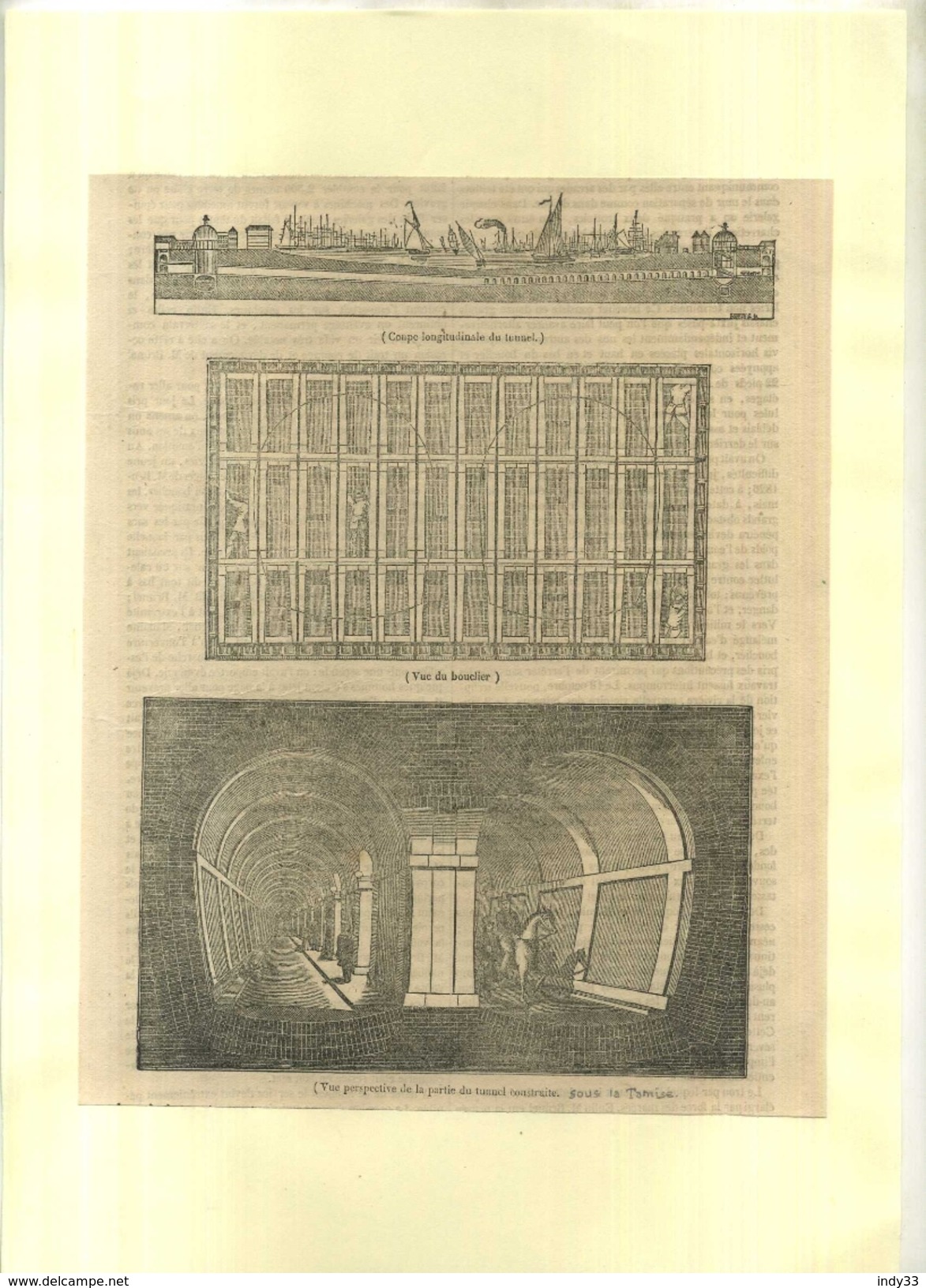 LONDRES . COUPE ET ELEVATION DU TUNNEL SOUS LA TAMISE . GRAVURE SUR BOIS XIXeS. DECOUPEE ET COLLEE SUR PAPIER . - Travaux Publics