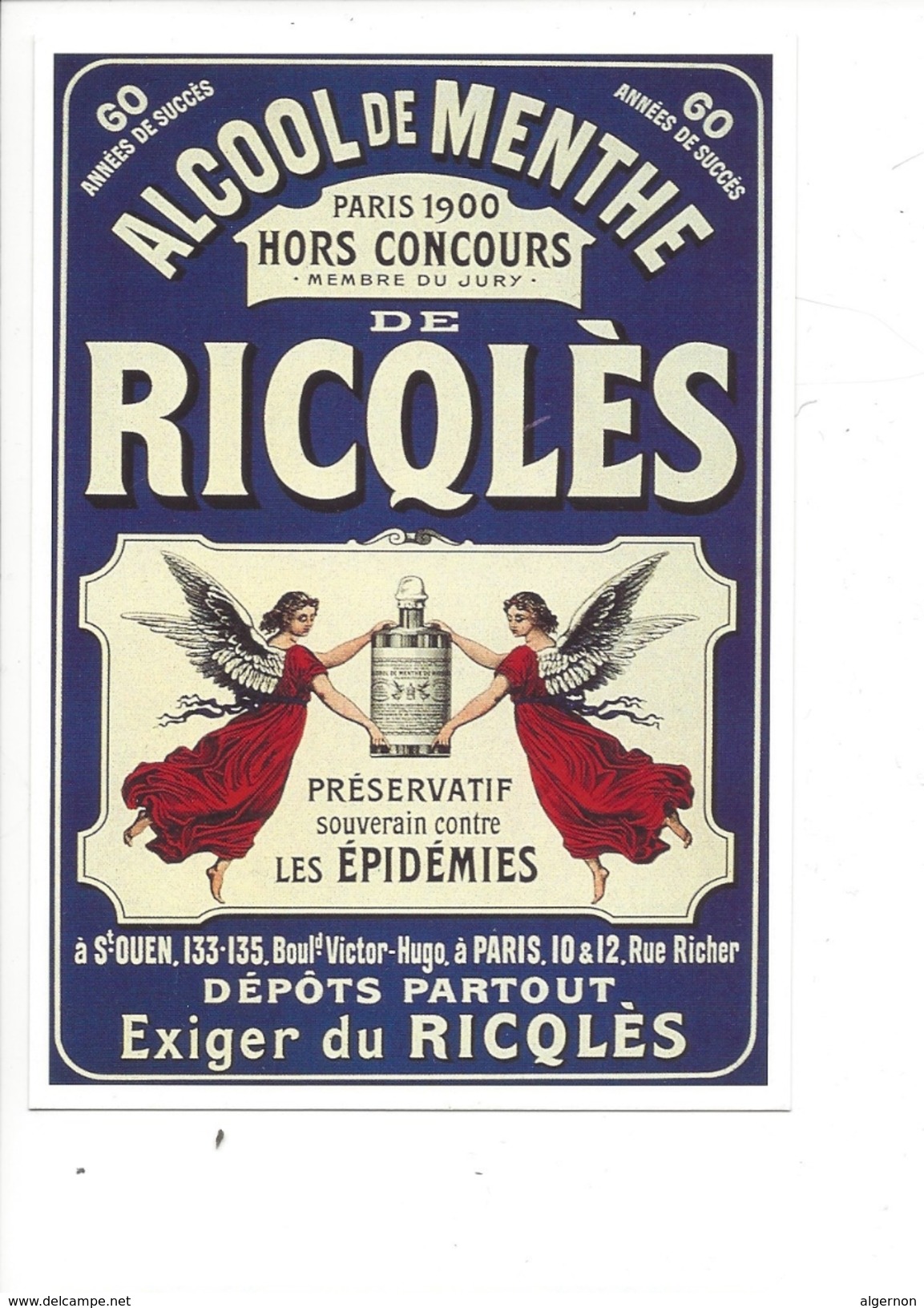16331 - Alcool De Menthe De Ricqlès Paris 1900 Anges  Préservatif Souverain Contre Les Epidémies Reproduction D'affiche - Publicité