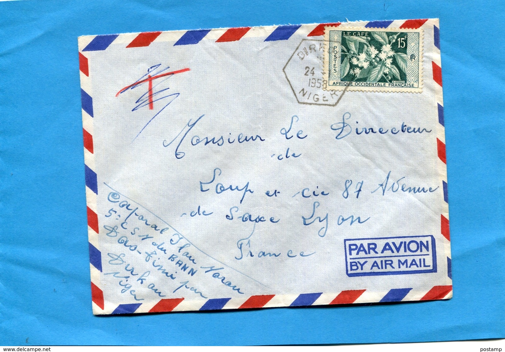 MARCOPHILIE-lettre -NIGER >Françe- Cad- Hexagonal DIRKOU-1958- Stamps N°62 Café A O  F Colonie Fse - Storia Postale