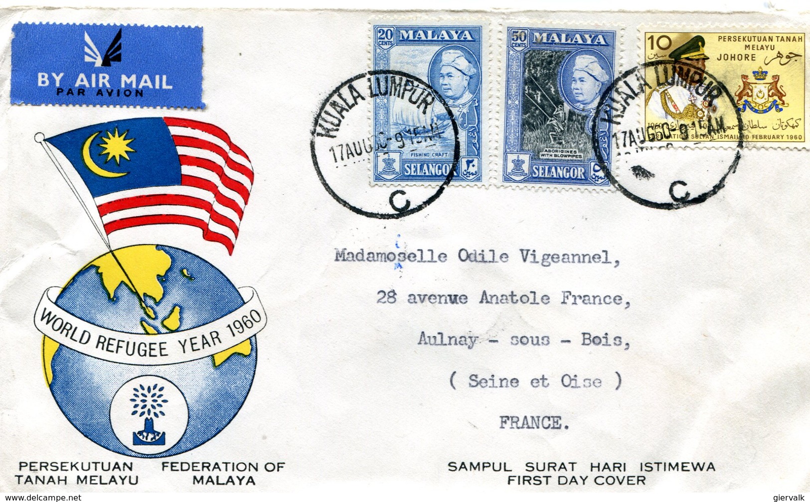 MALAYSIA 1960 FDC Enveloppe With Stamps Selangor & Johore. - Maleisië (1964-...)