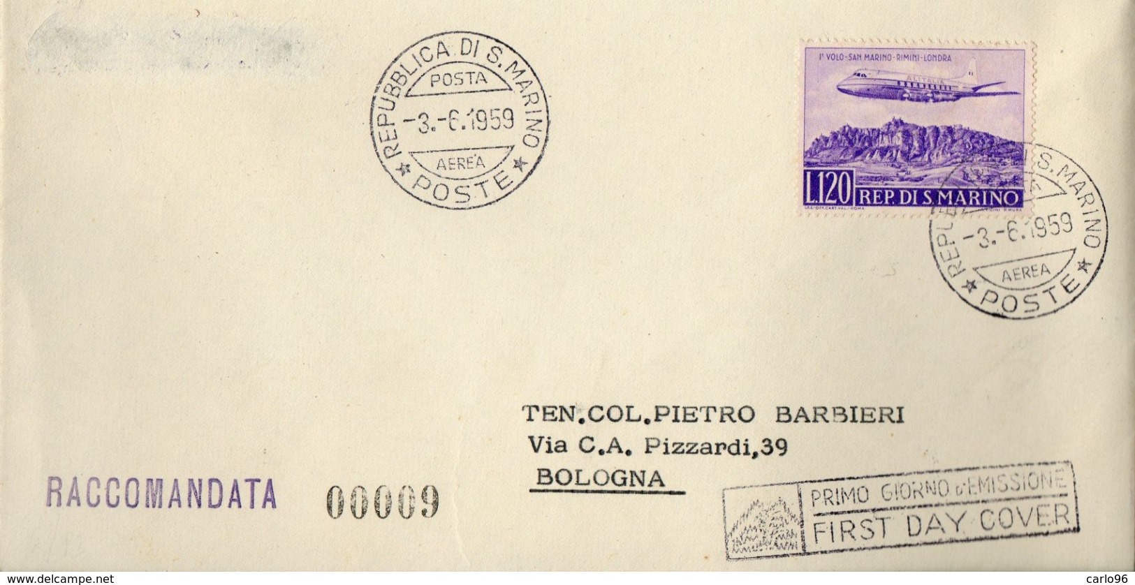 1959  1° VOLO SAN MARINO RIMINI LONDRA BOLAFFI / SASSONE - Storia Postale