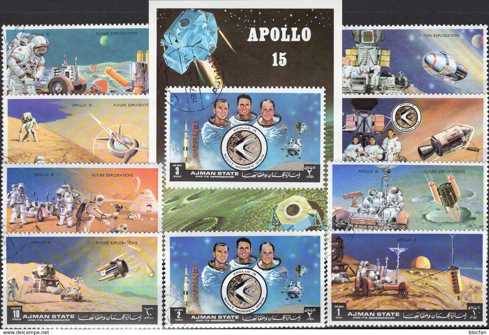 Projekt Apollo 15 USA 1972 Ajman 1254/2+Block 345 O 5&euro; Astronauten Mondauto Bloc Ms NASA Crew Ss Space Sheet Bf VAE - North  America