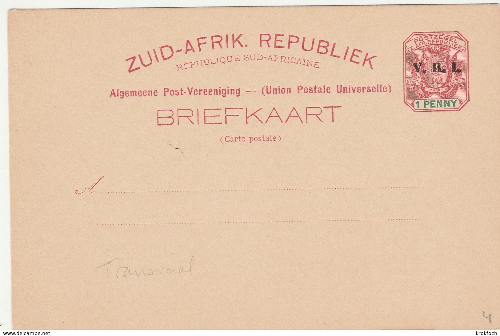 Carte Entier Transvaal Zuid-Afrik Surchargé VRI - 1 Penny - Stationery Ganzsache - Transvaal (1870-1909)