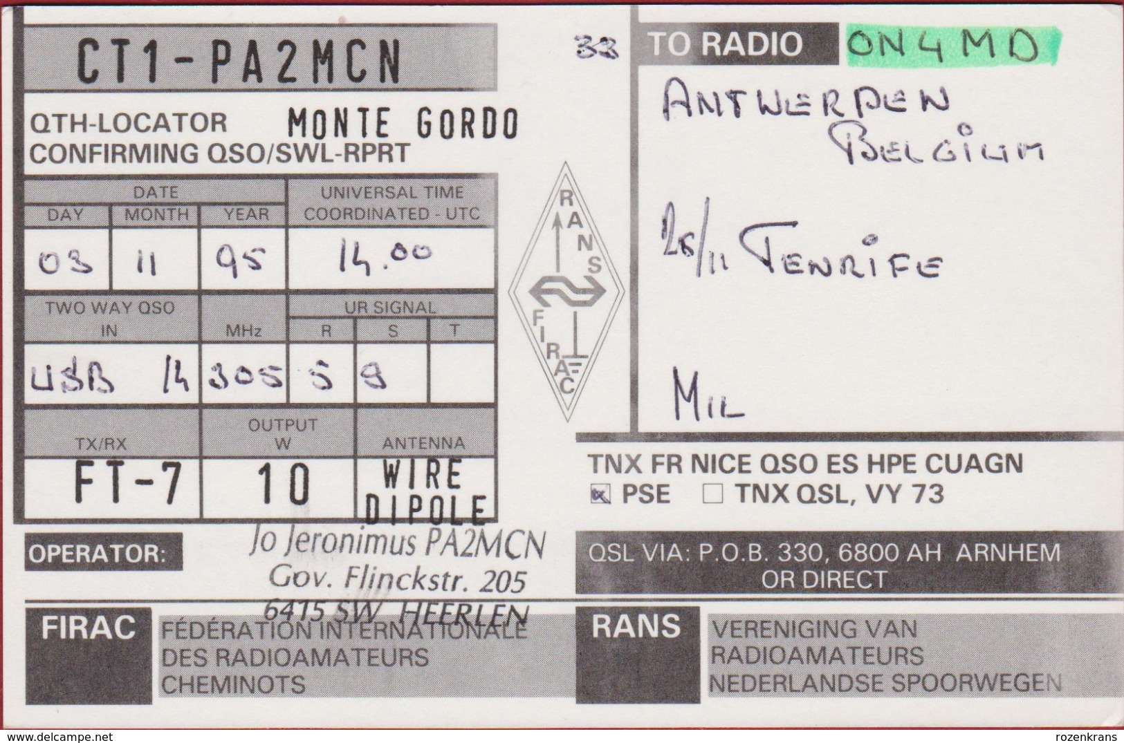 QSL Card Amateur Radio Station RANS FIRAC NEDERLANDSE SPOORWEGEN Railway Train Trein ARNHEM 1995 - Radio Amateur