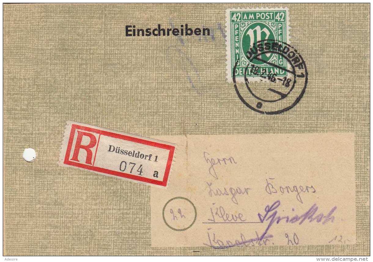 Deutschland RECO-Brief (Versicherungsschein) 1946 Mit 42 Pfg Frankierung, Stempel Düsseldorf Gel.n. Kleve, Beleg Gelocht - Otros & Sin Clasificación