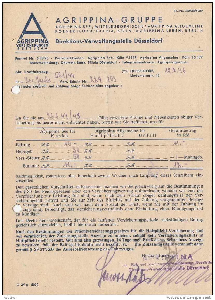 Deutschland RECO-Brief (Versicherungsschein) 1946 Mit 42 Pfg Frankierung, Stempel Düsseldorf Gel.n. Kleve, Beleg Gelocht - Otros & Sin Clasificación