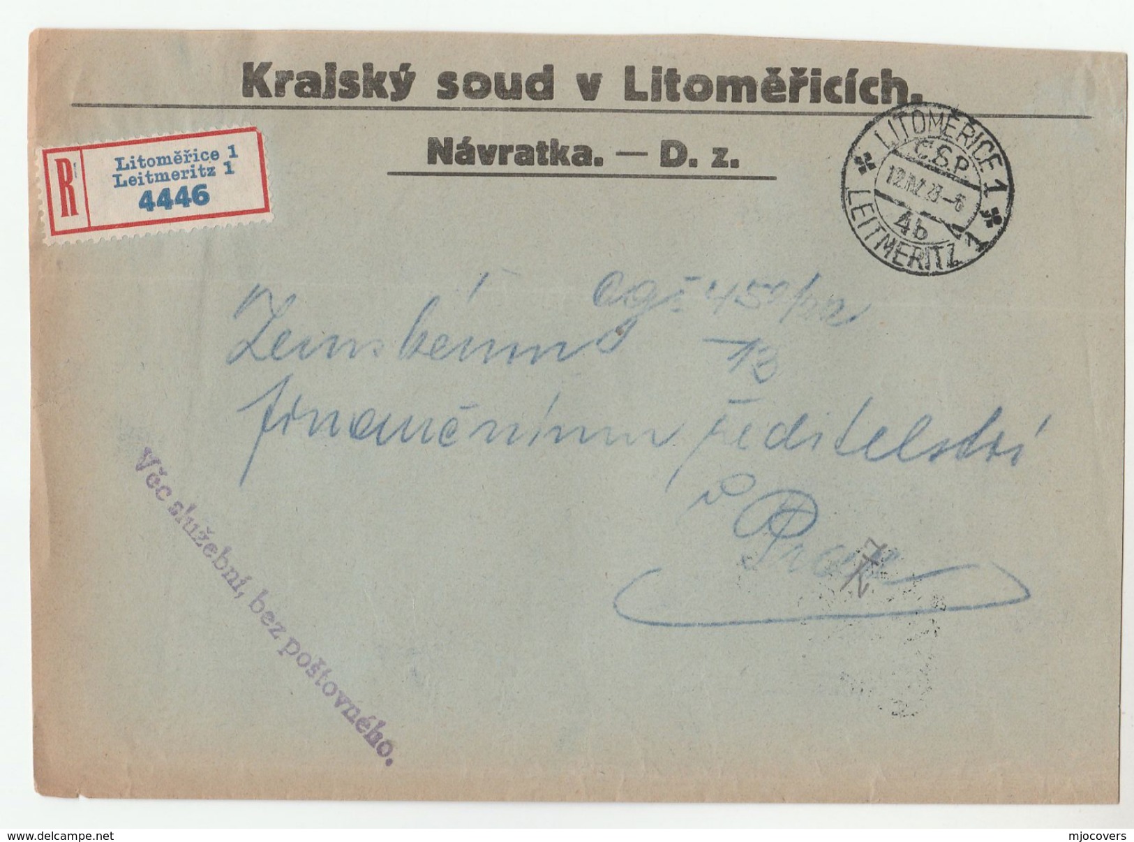 1928 Registered CZECHOSLOVAKIA OFFICIAL Mail COVER LITOMERICE DISTRICT COURT Stamps - Covers & Documents