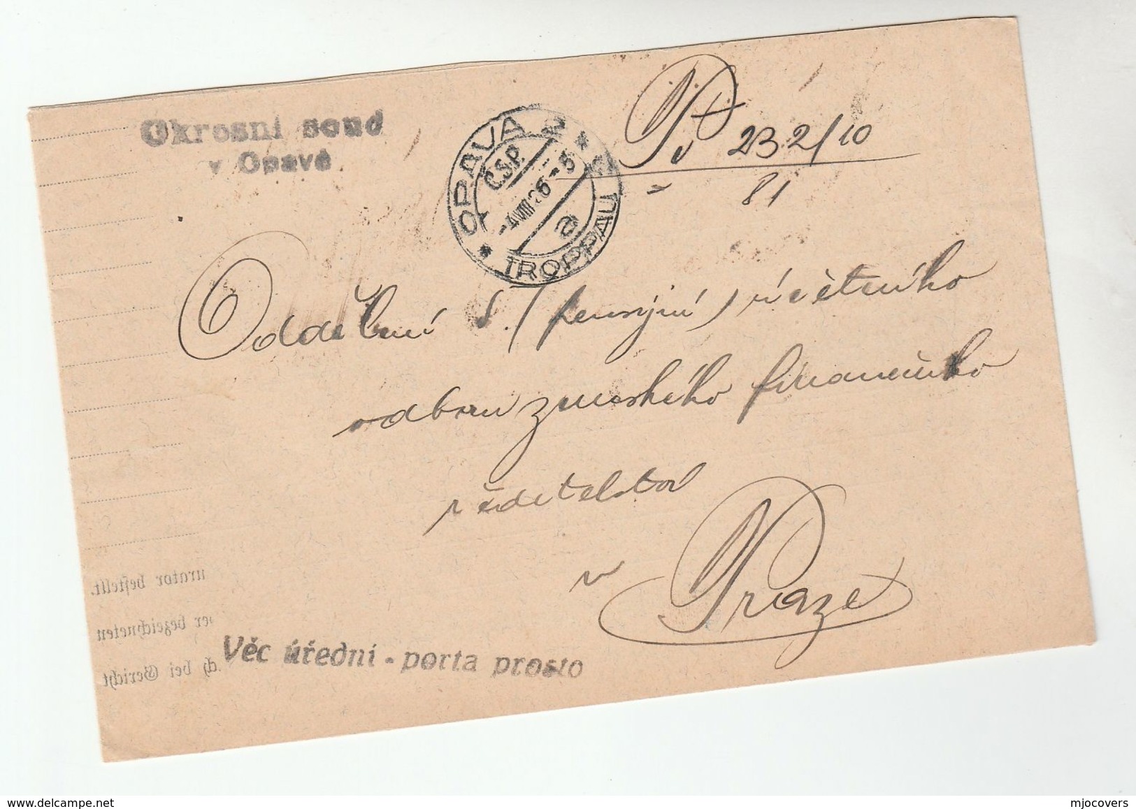 1926 CZECHOSLOVAKIA  OFFICIAL Mail COVER OPAVA DISTRICT COURT Stamps - Covers & Documents