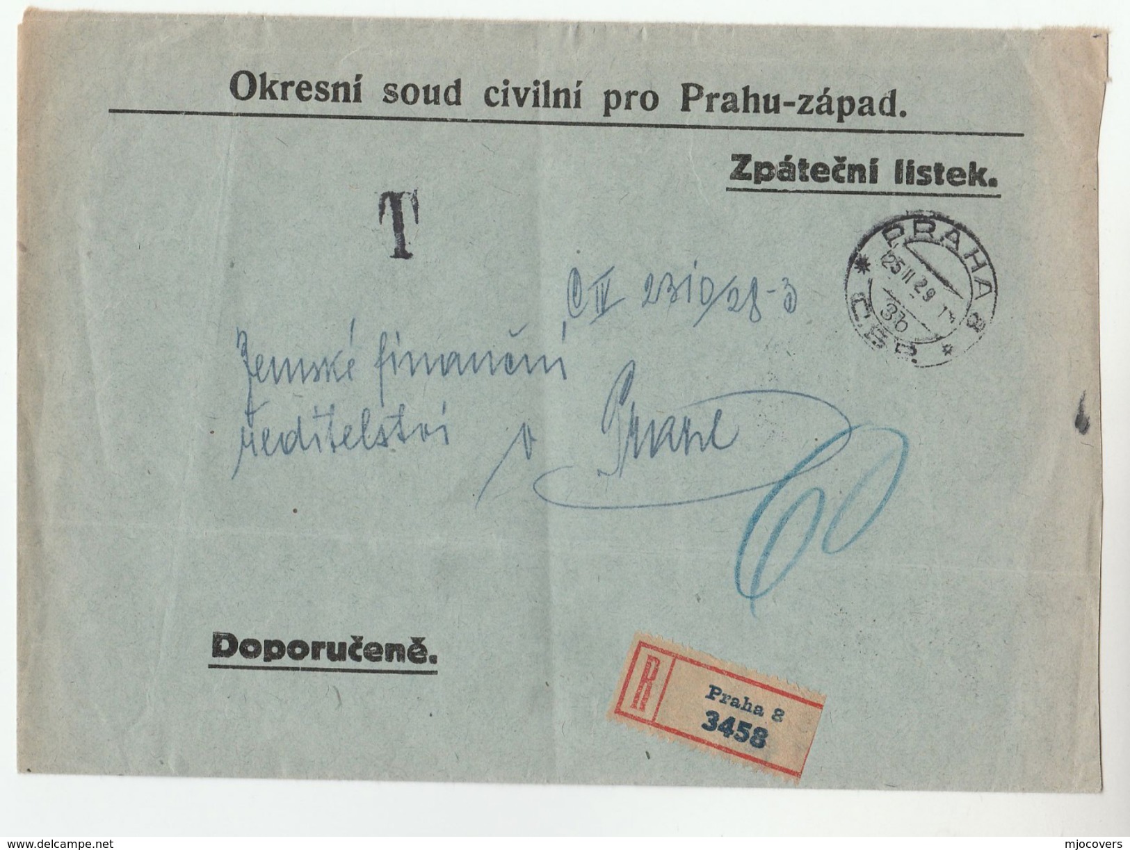 1929 Registered CZECHOSLOVAKIA PRAHA  DISTRICT CIVILIAN COURT Mail COVER  Stamps - Covers & Documents