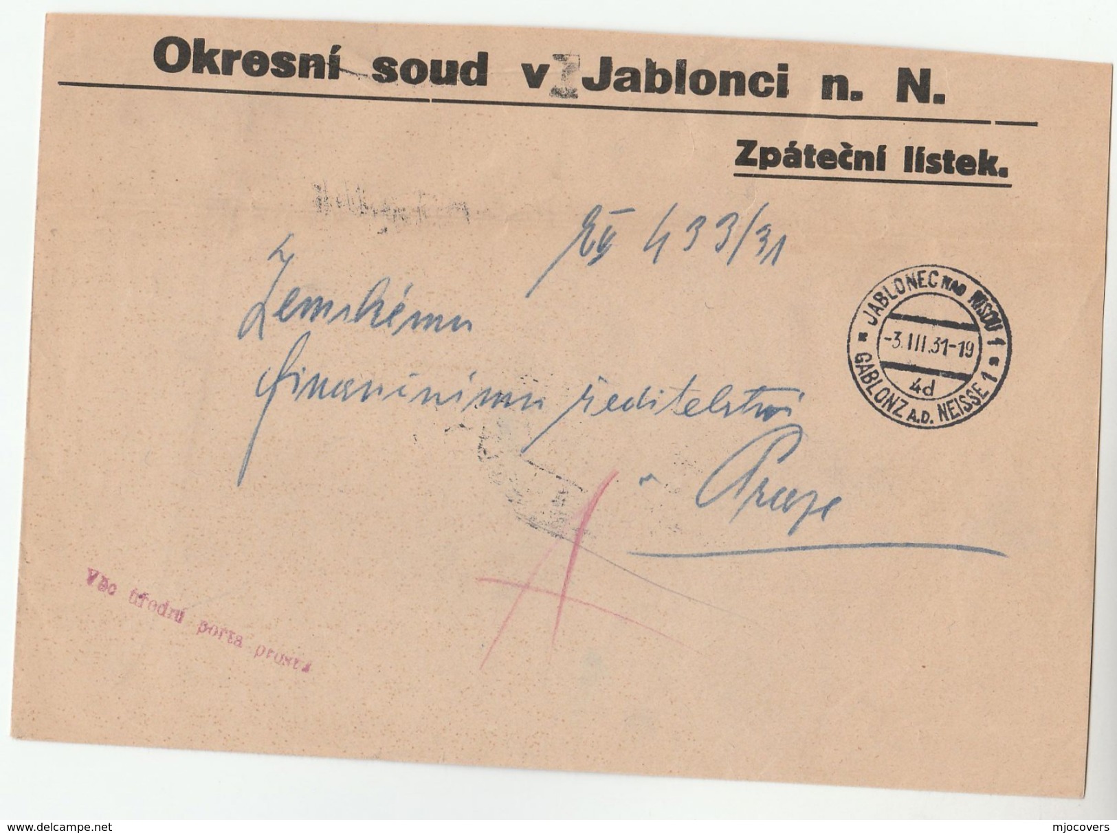 1931 CZECHOSLOVAKIA OFFICIAL Mail COVER JABLONEC DISTRICT COURT Stamps - Lettres & Documents