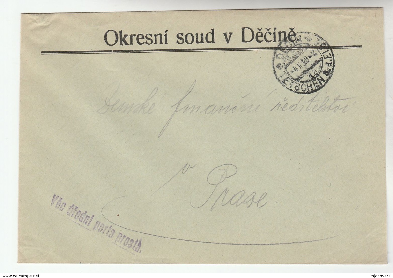 1928 CZECHOSLOVAKIA OFFICIAL Mail COVER  DECIN  DISTRICT COURT  Stamps - Covers & Documents