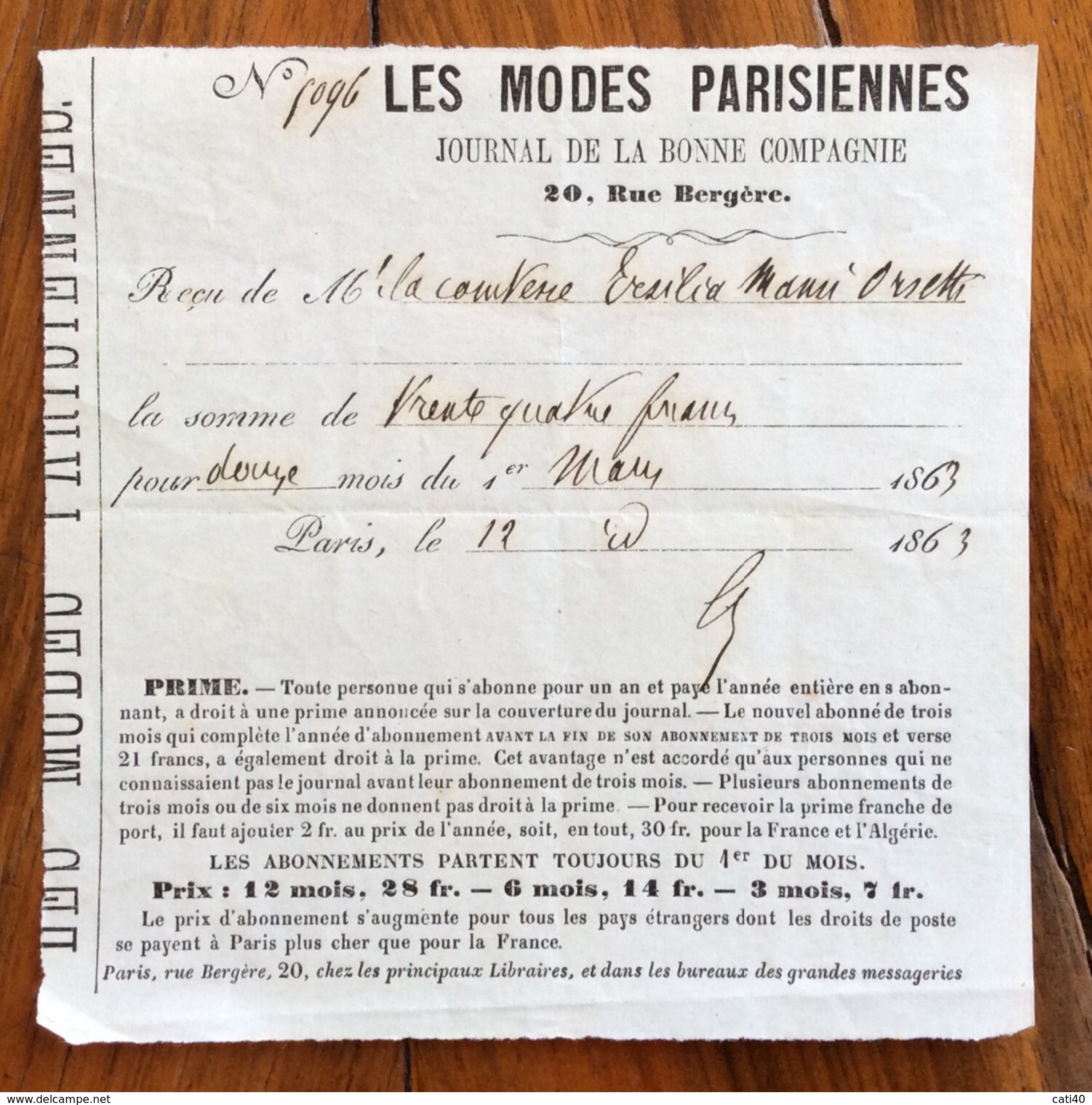 FATTURA PUBBLICITARIA  PARIS JOURNAL LES MODES  PARISIENNES RICEVUTA DI ABBONAMENTO  CONTESSA ERSILIA MANSI ORSETTI 1863 - 1800 – 1899