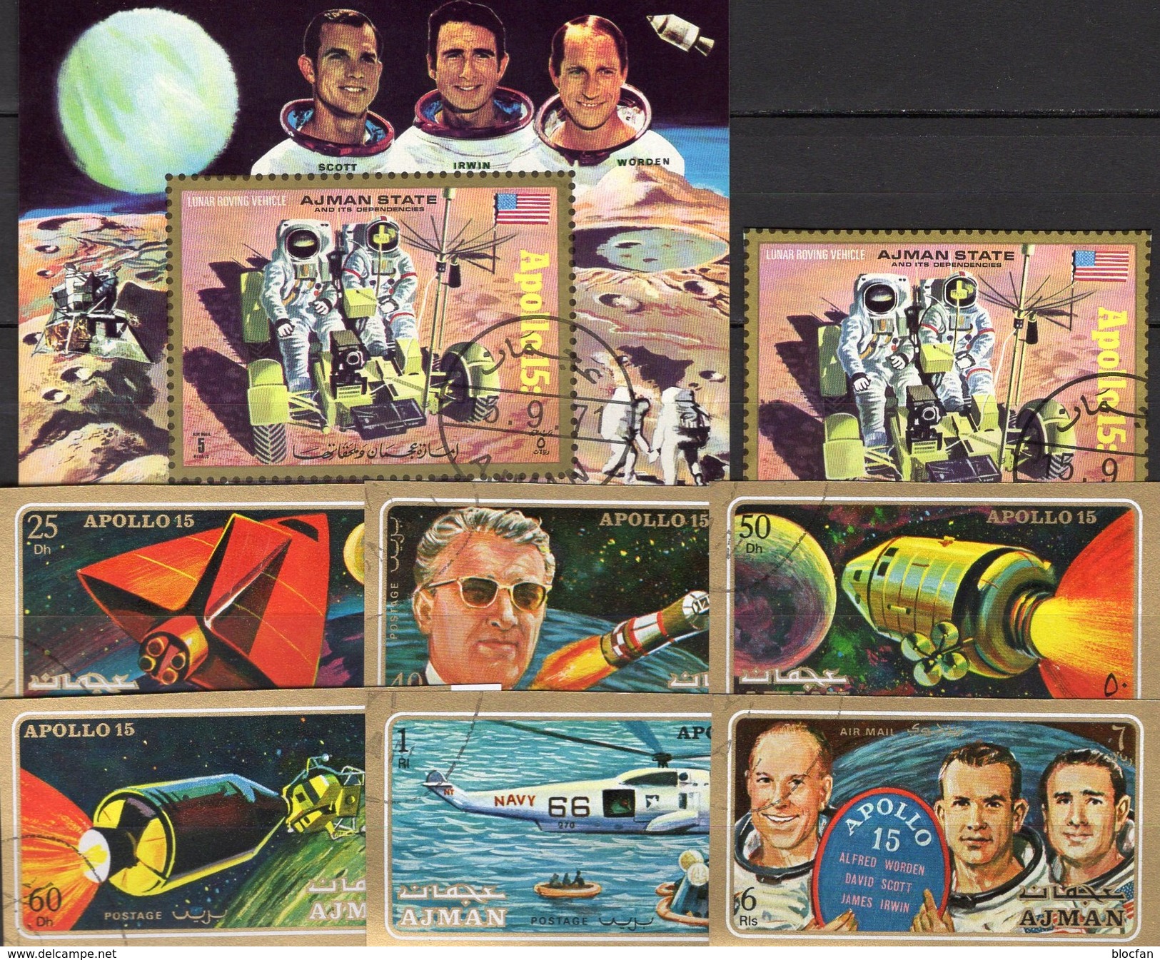 Mondflug Apollo15 USA Raumfahrt-Projekt 1972 Ajman 862/7,1116B+Block 319 O 16€ Astronaut Mondauto Bloc Sheet Bf VAE - Collections