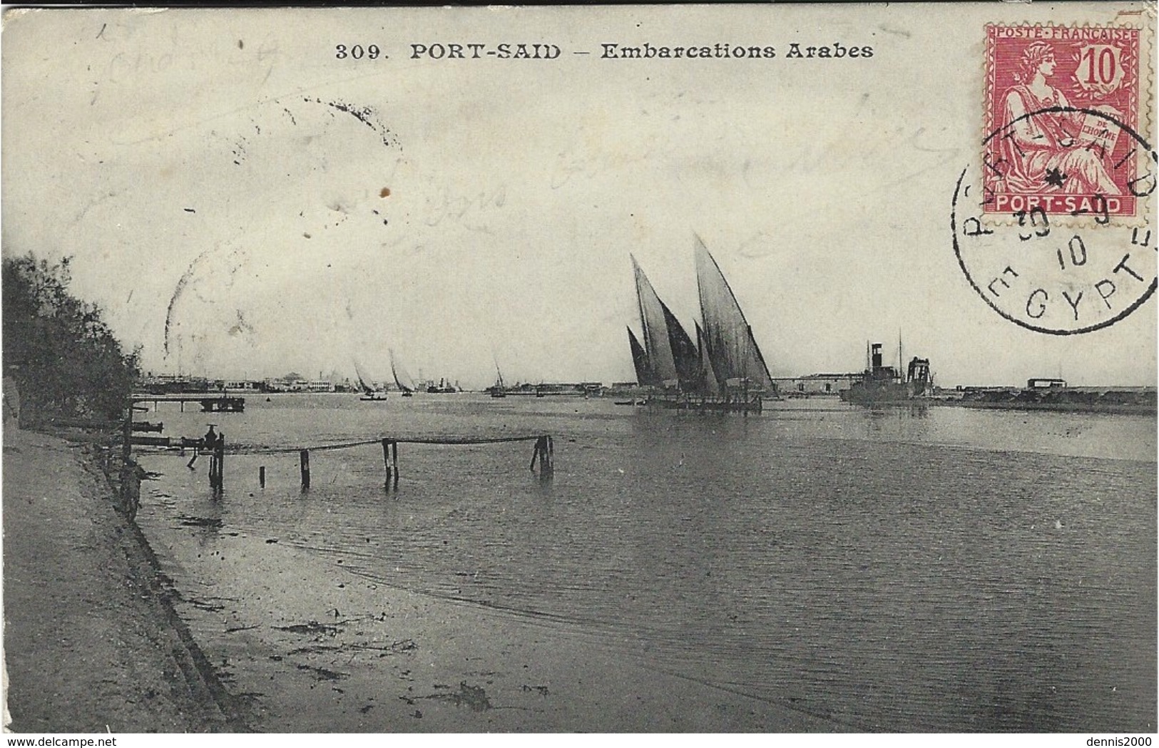 1910- C P A De Port-Saïd  Affr. 10 C Mouchon Port-Saïd  Oblit. Bureau Français PORT-SAID / EGYPTE - Lettres & Documents