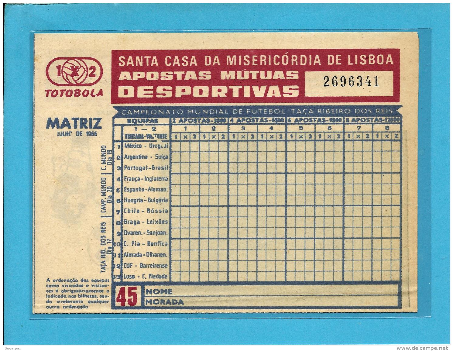 ENGLAND 1966 -  World Championship - Jules Rimet Cup - Totobola 45 - Portugal - 4 Scans - Billetes De Lotería