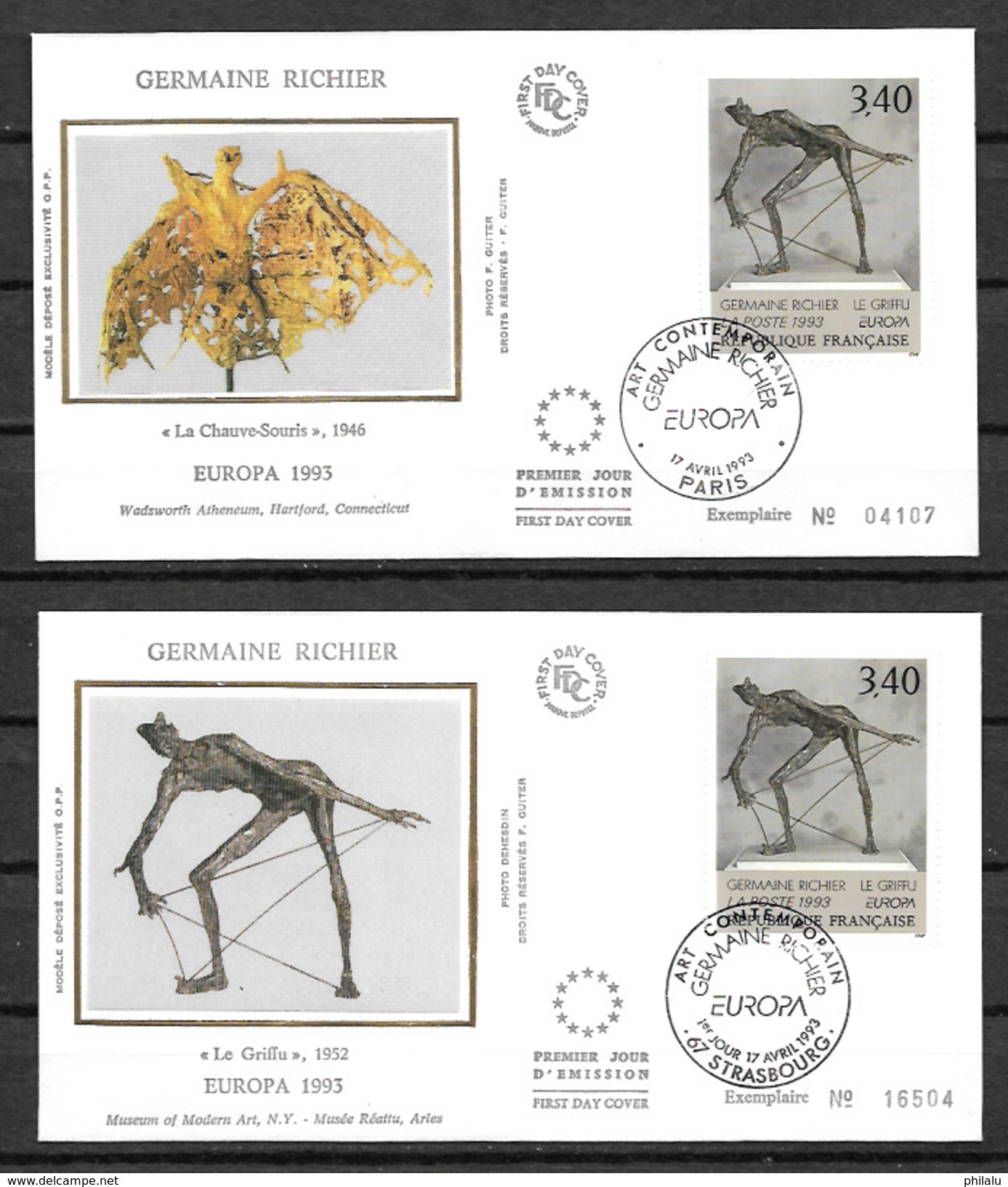 FRANCE FDC 2 Enveloppes EUROPA Art Contemporain Germaine RICHIER 17/04/1993 - 1990-1999