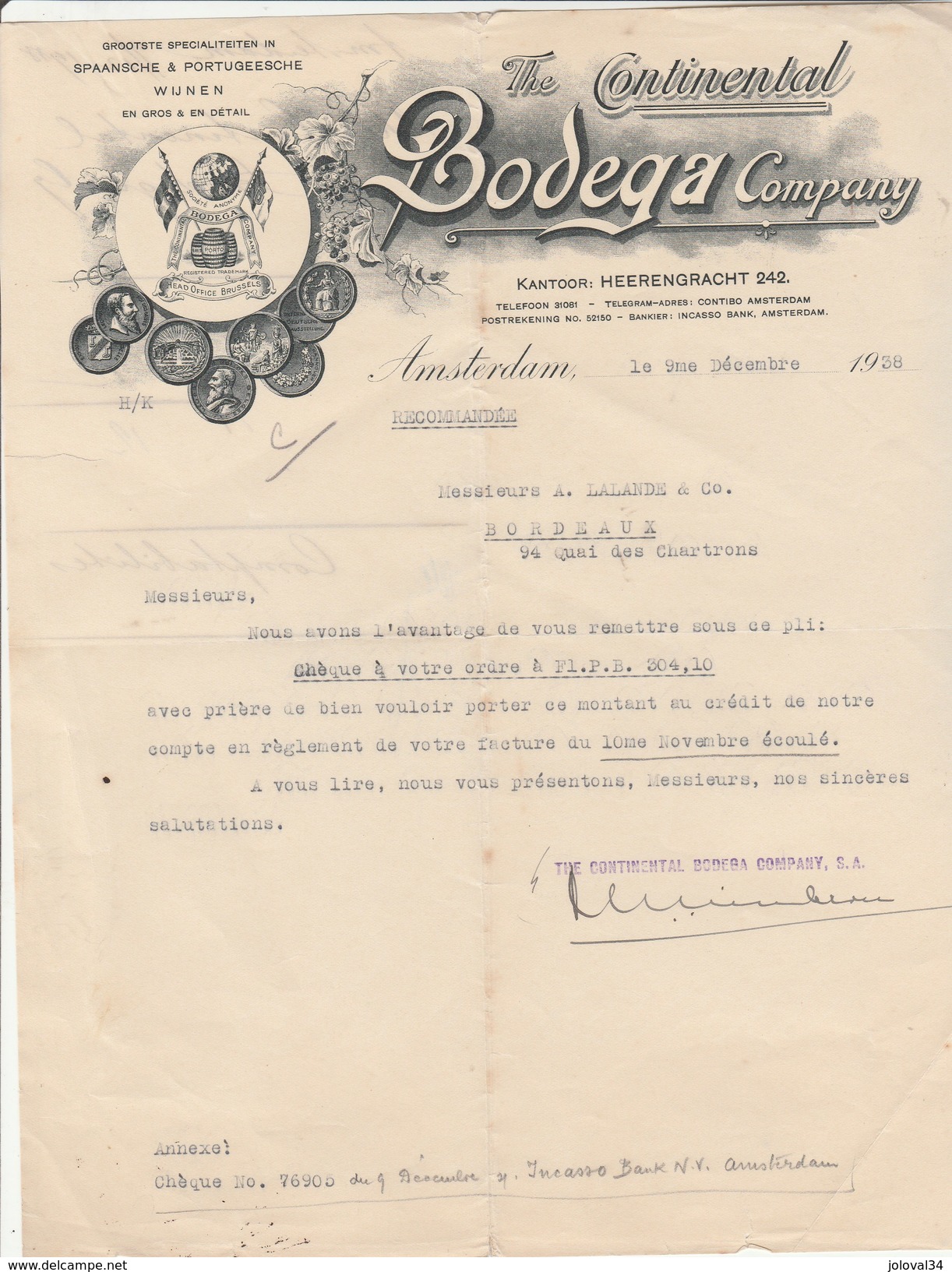 Lettre Illustrée 9/12/1938 The Continental BODEGA Company AMSTERDAM Pays Bas - Vin Espagnol Et Portugais - Paesi Bassi