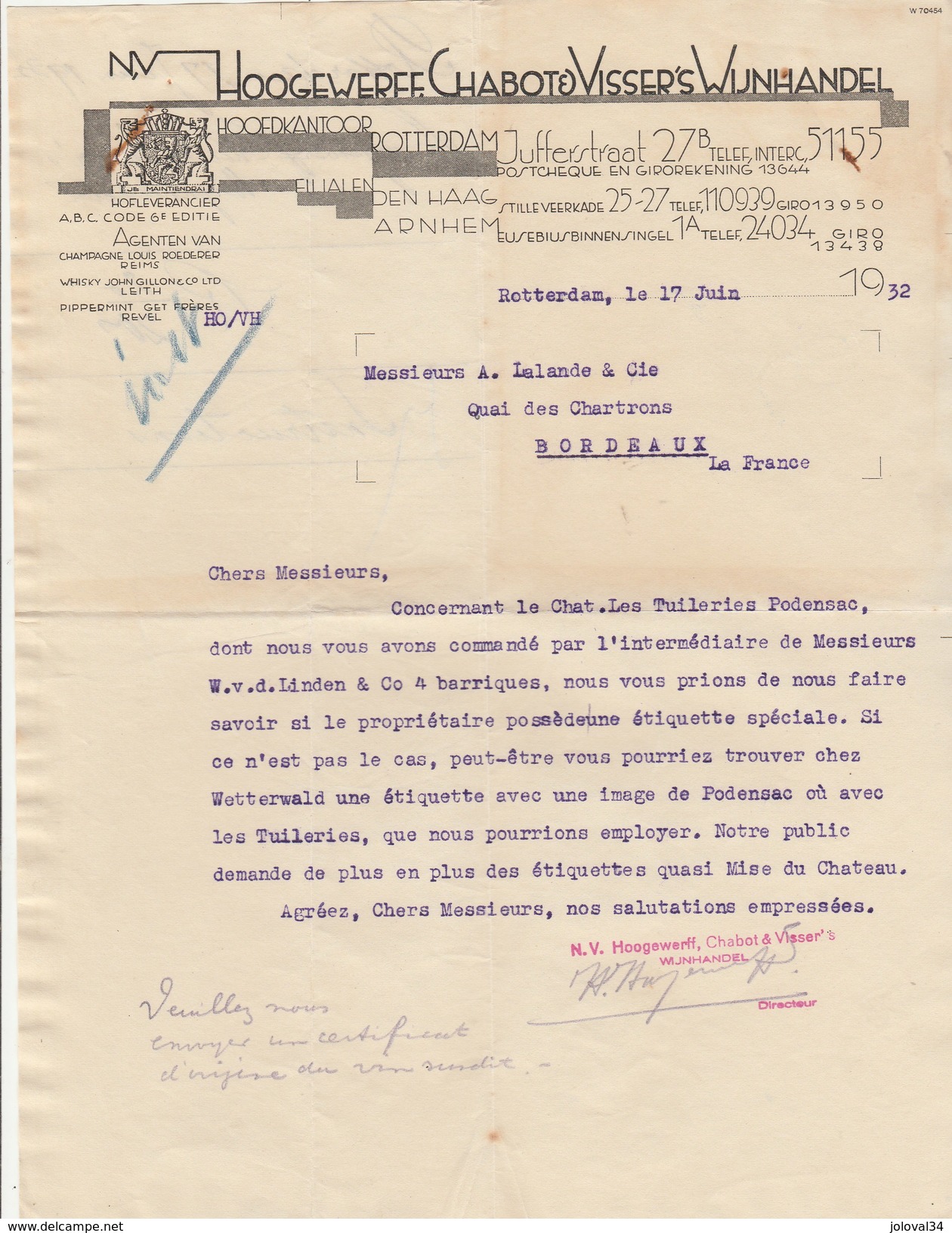 Lettre Illustrée 17/6/1932 HOOGEWEFF CHABOT & VISSER'S VIJNHANDEL ROTTERDAM Pays Bas Champagne Roederer Whisky Get Revel - Pays-Bas