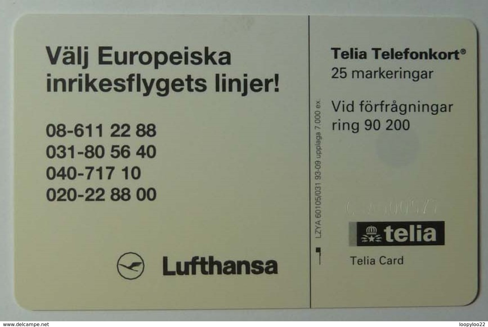Sweden - Lufthansa - TC25.031 - 7000ex - 09.93 - 25 Units - Mint - Schweden