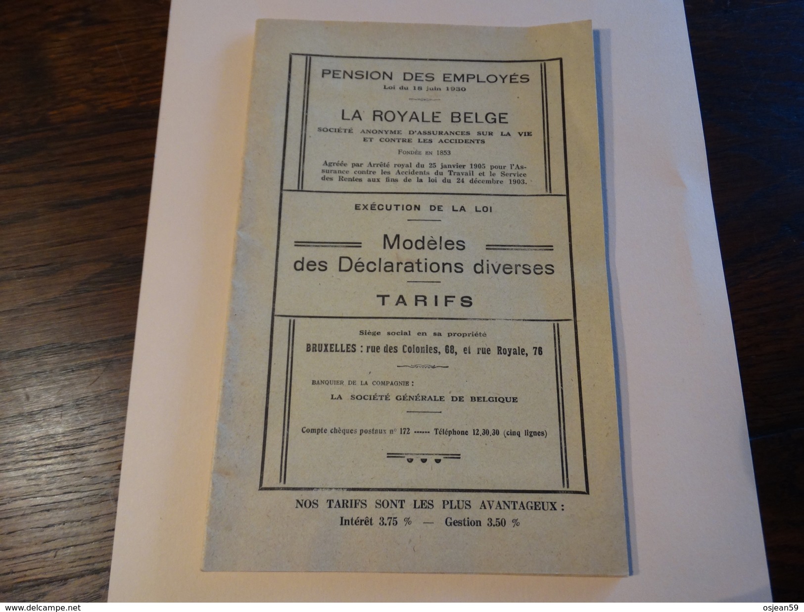 La Royale Belge-pension Des Employés - Tarifs (petit Fascicule De 30 Pages) Année 1930 - Bank & Versicherung