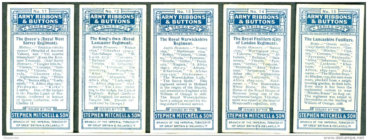 Full Set Original Cigarettes Card Mitchell &amp; Son - Army Ribbons &amp; Buttons - Lot de 25 Cartes