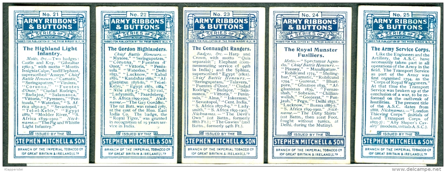 Full Set Original Cigarettes Card Mitchell &amp; Son - Army Ribbons &amp; Buttons - Lot de 25 Cartes