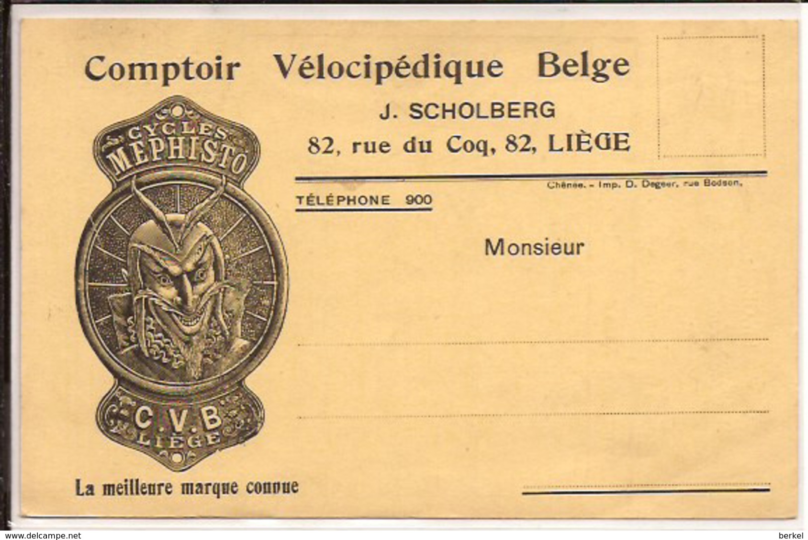 LIEGE  Comptoir VELOCIPEDIQUE BELGE J SCHOLBERG CYCLES MEPHISTO C.V.B.  372/d2 - Publicité