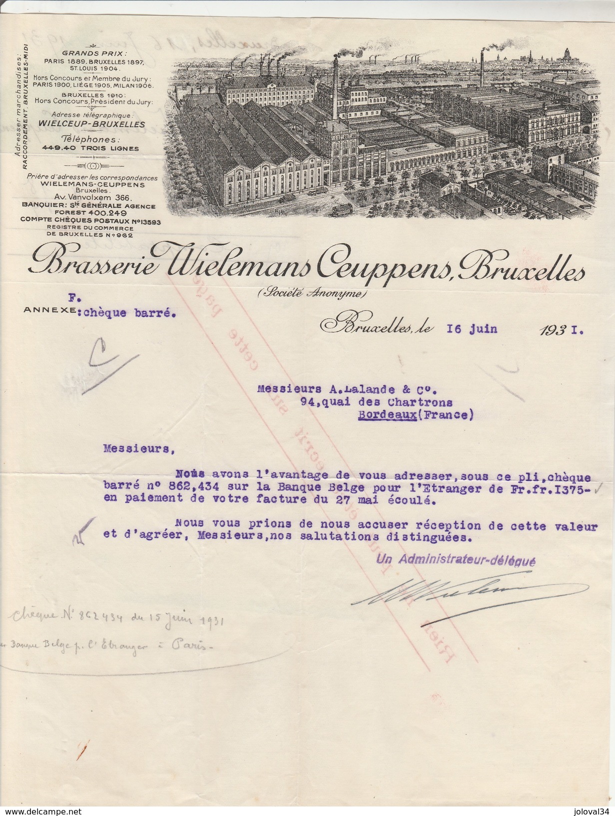 Lettre Illustrée 16/6/1931 Brasserie WIELEMANS CEUPPENS  BRUXELLES Belgique - 1900 – 1949