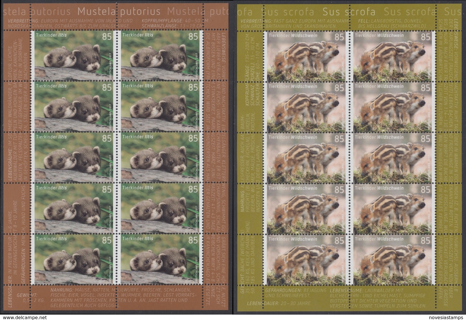 !a! GERMANY 2017 Mi. 3288-3289 MNH SET Of 2 SHEETS(10 Each) - Animal Babies - 2011-2020