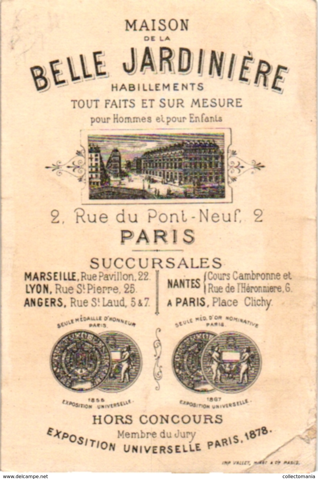 1 Trade Card Chromo   FENCING ESCRIME FECHTEN Pub Maison De La Belle Jardinière  Litho Vallet Minot C1895 - Schermen