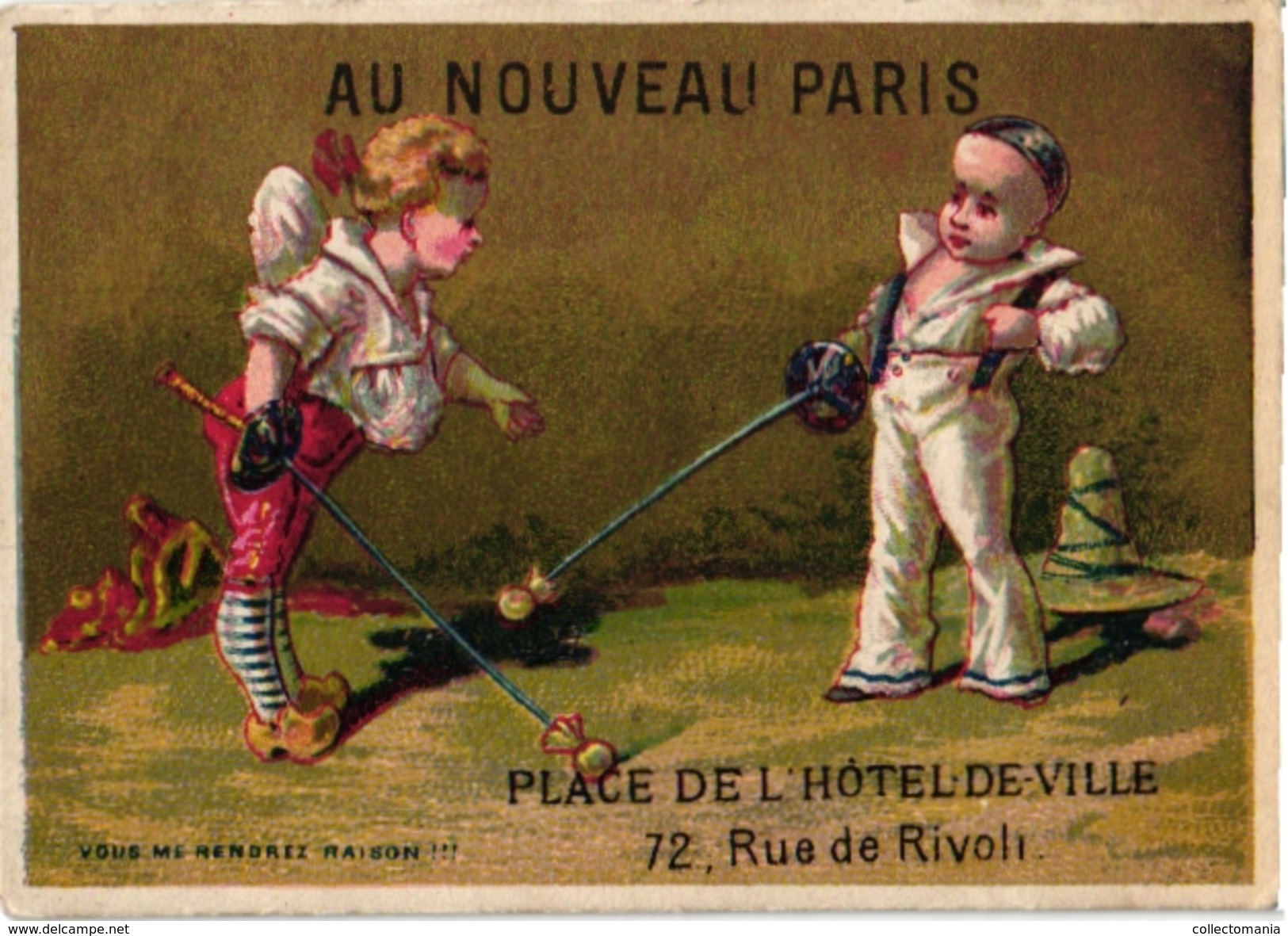 1 Trade Card Chromo   FENCING ESCRIME FECHTEN Pub  Au Nouveau Paris Litho Martens C1900 Pierrot - Esgrima