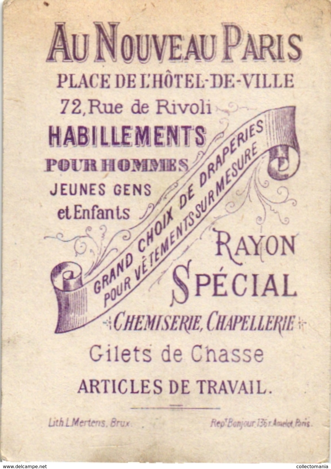 1 Trade Card Chromo   FENCING ESCRIME FECHTEN Pub  Au Nouveau Paris Litho Martens C1900 Pierrot - Fechten