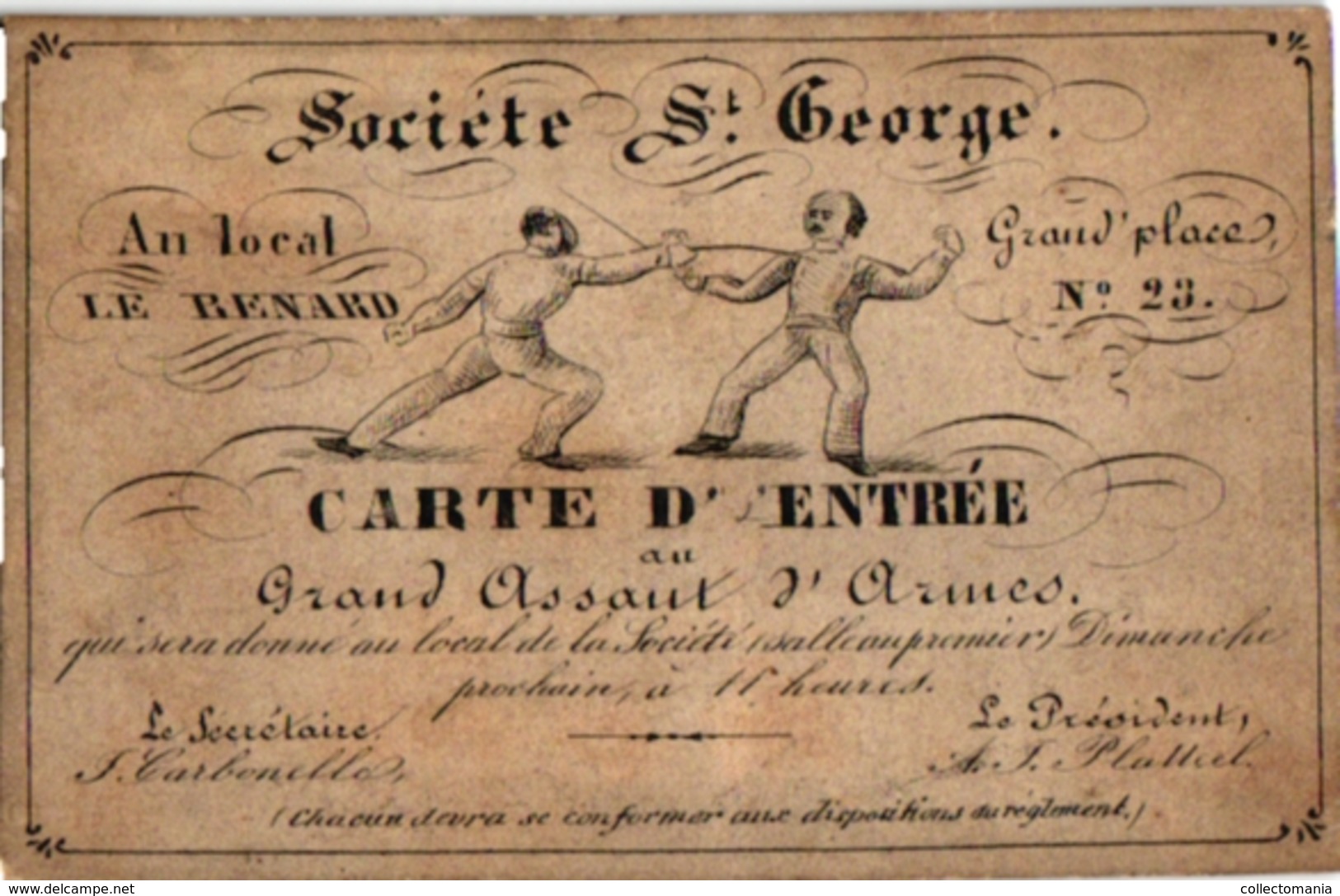 1   CARTE D'ENTREE   FENCING ESCRIME FECHTEN  Societé St George Local Le Renard Grand Place N°23 ANVERS - Escrime