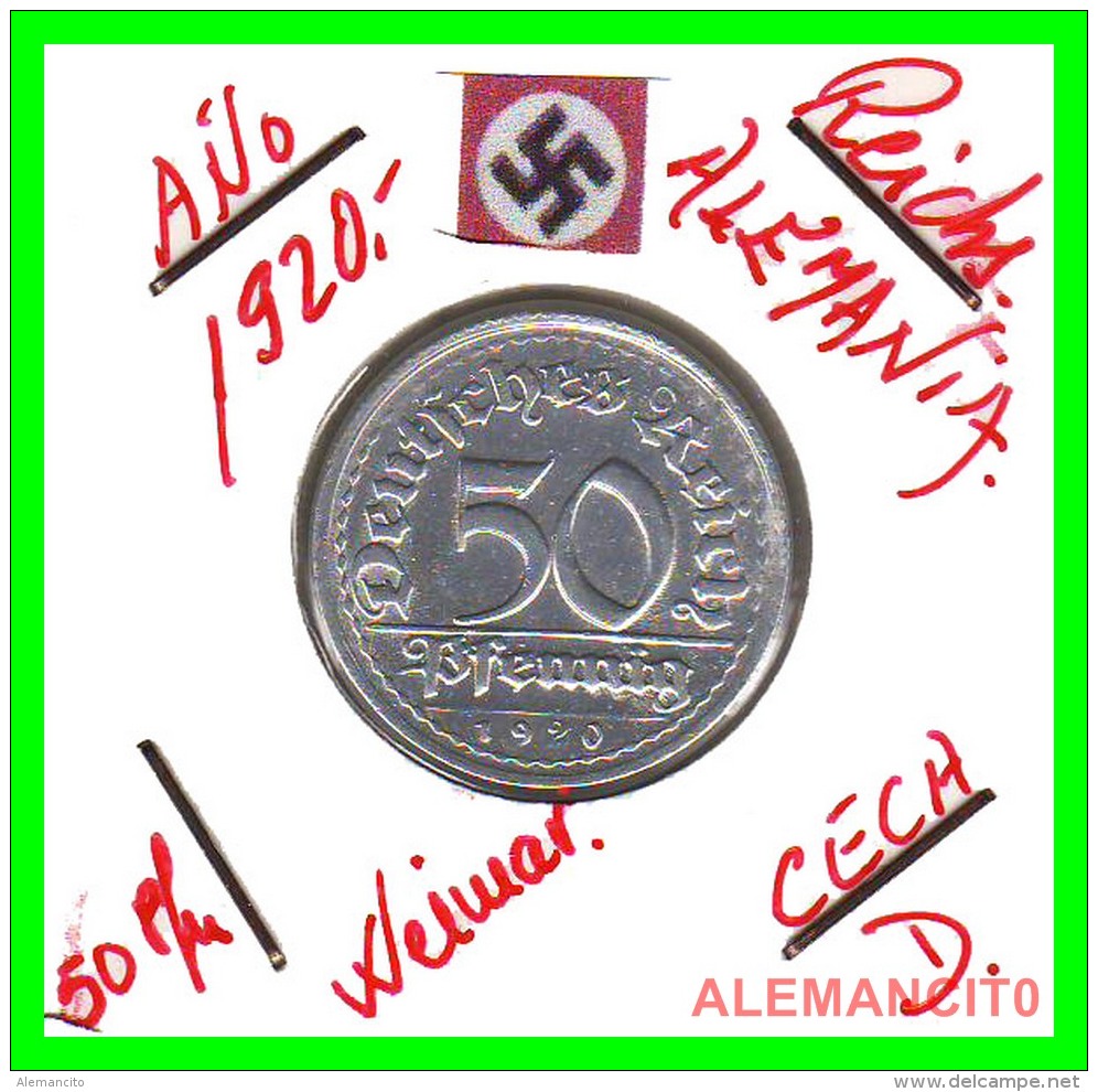 GERMANY - WEIMAR REPUBLIC - 50 PFENNIG - AÑO 1920-D  Aluminum - 50 Rentenpfennig & 50 Reichspfennig