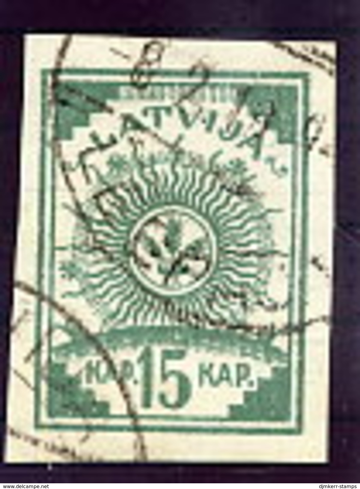 LATVIA 1919 Definitive 15 K. Green On Lined Paper Imperforate Used.  Michel 5Ba - Letonia