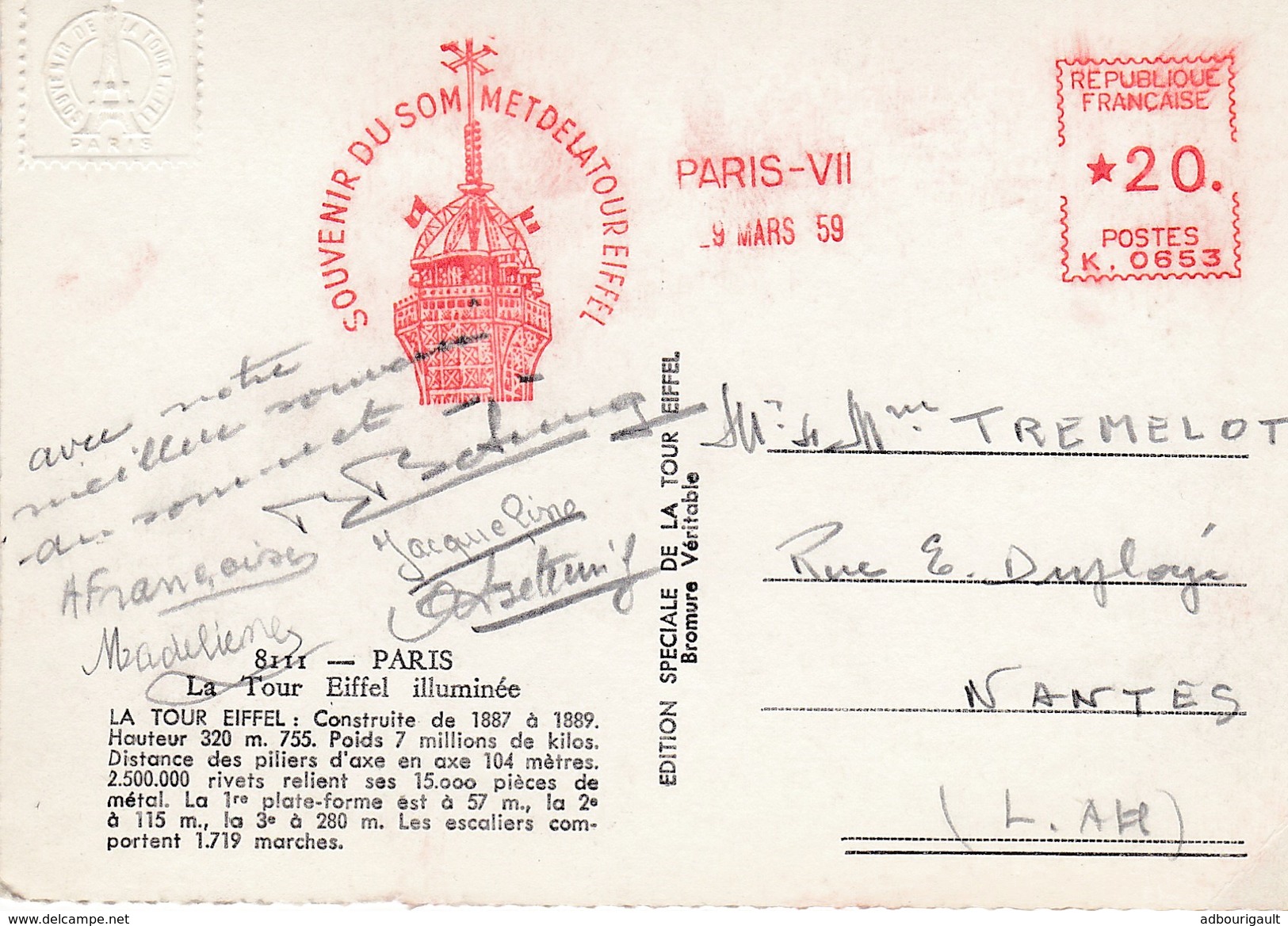 Carte Postale Ancienne Tour Eiffel Paris France Cachet Du Sommet De La Tour Paris VII 09/03/1959 Souvenir Du Sommet - Tour Eiffel