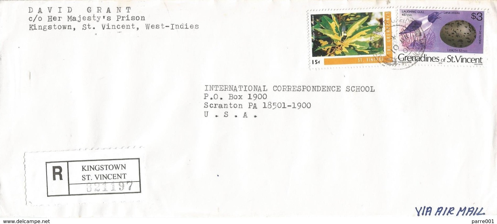 St Vincent 2001 Money Order Office Prison Flower Laughing Gull Registered Cover - St.-Vincent En De Grenadines