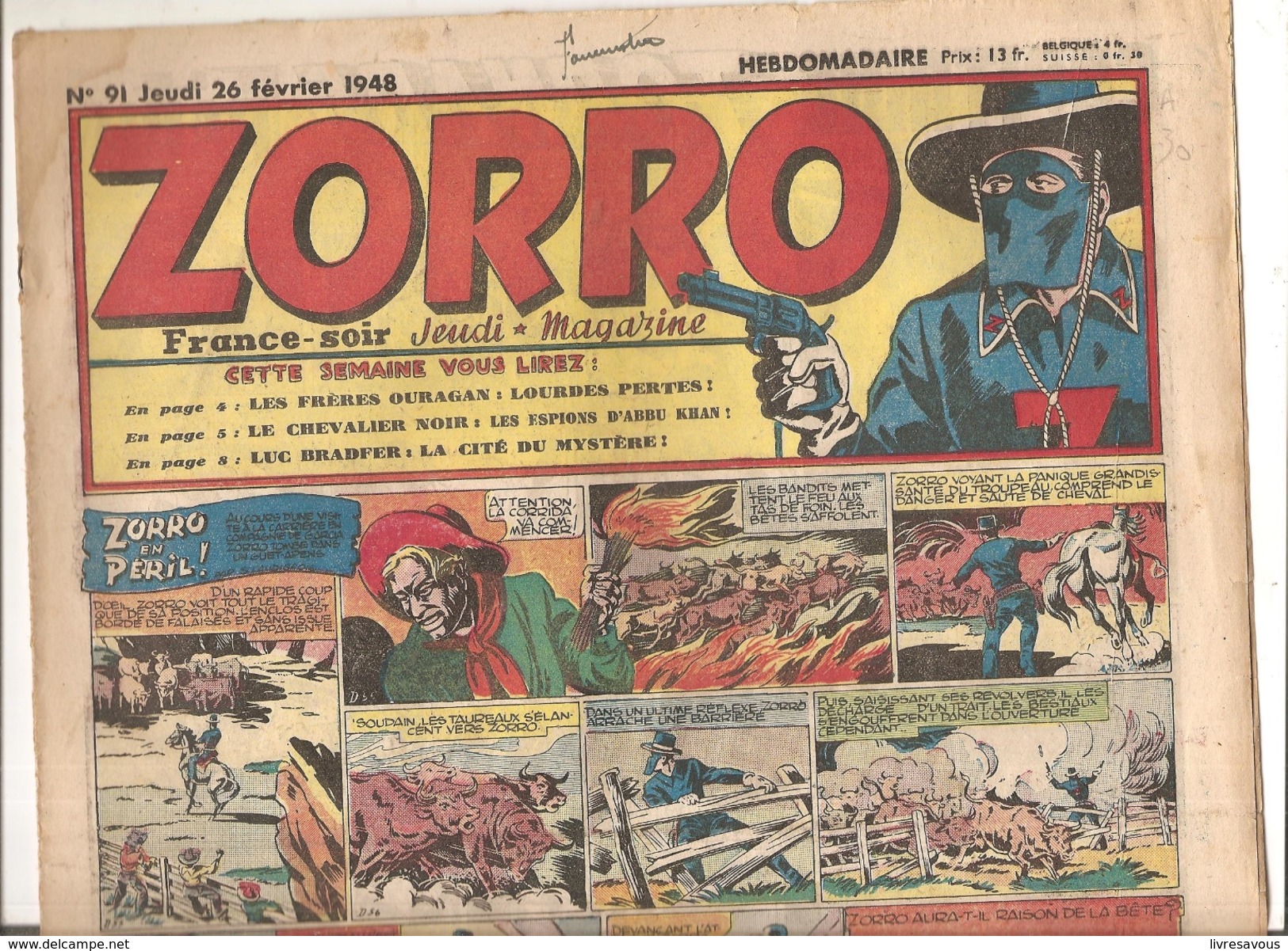 Zorro Hebdomadaire N°91 Du 26 Février 1948 Zorro En Péril! - Zorro