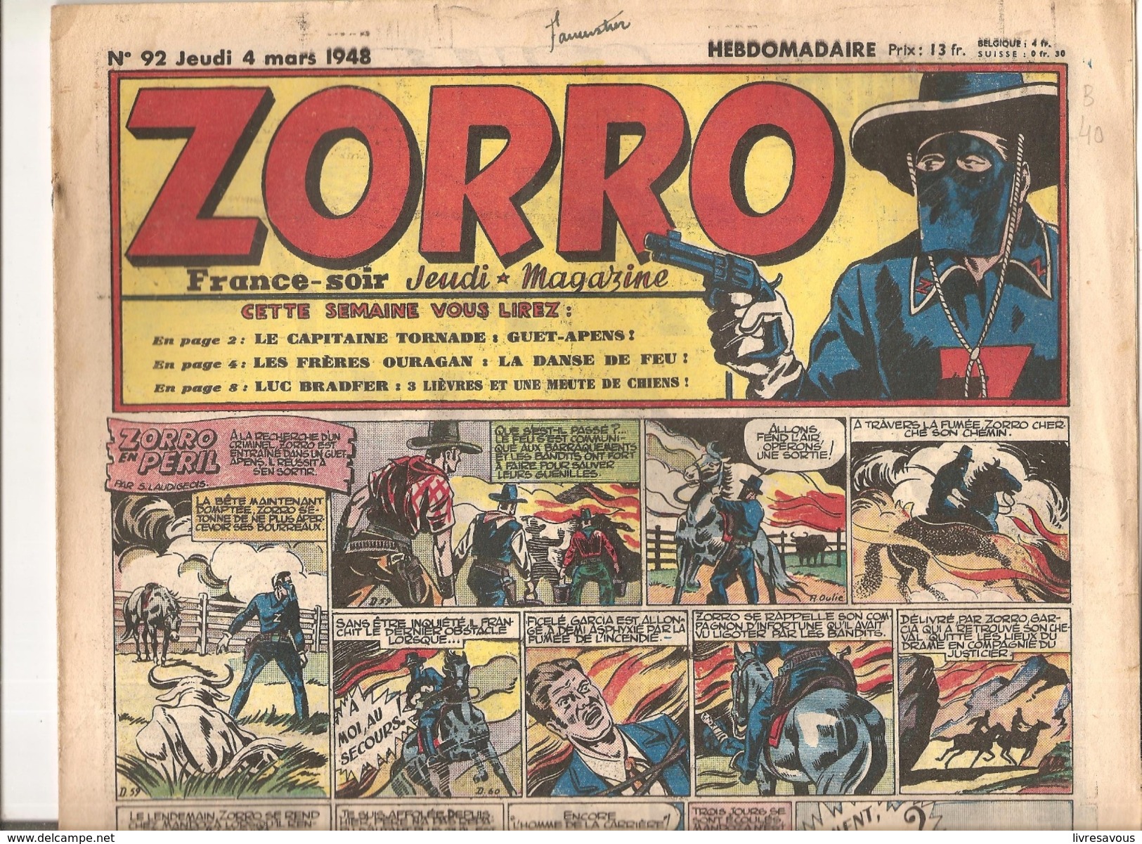 Zorro Hebdomadaire N°92 Du 4 Mars 1948 Zorro En Péril! - Zorro