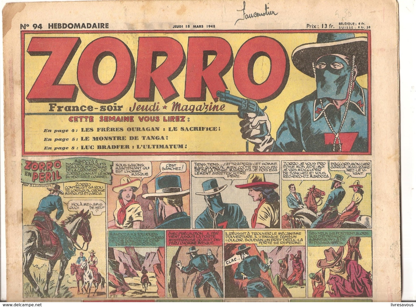 Zorro Hebdomadaire N°94 Du 18 Mars 1948 Zorro En Péril! - Zorro