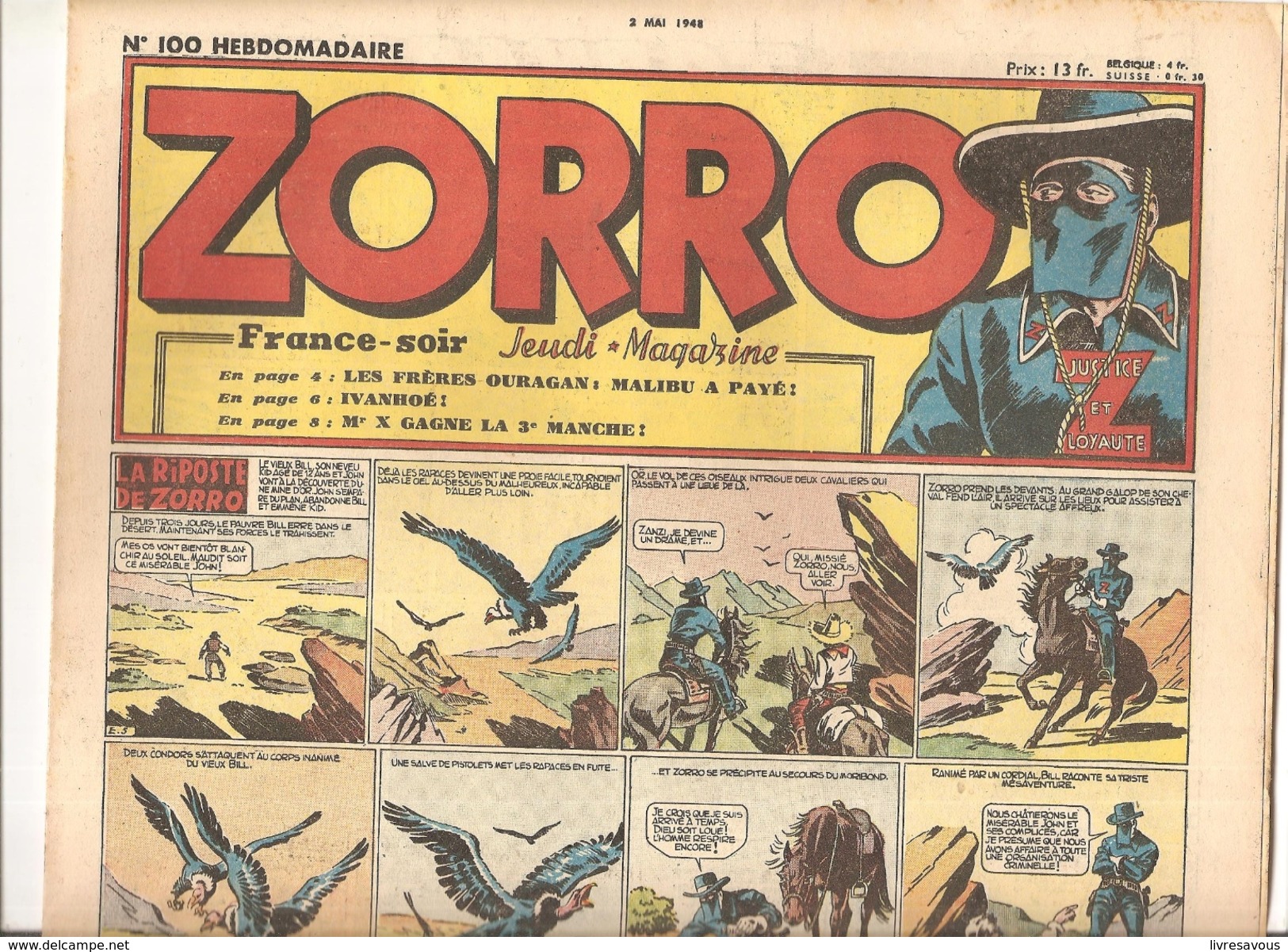Zorro Hebdomadaire N°100 Du 2 Mai 1948 La Riposte Zorro - Zorro