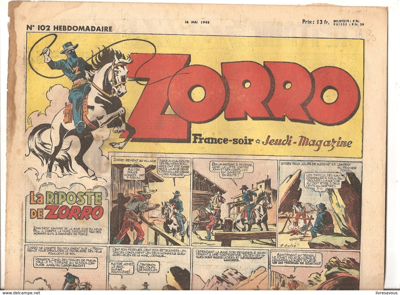 Zorro Hebdomadaire N°102 Du 16 Mai 1948 La Riposte Zorro - Zorro
