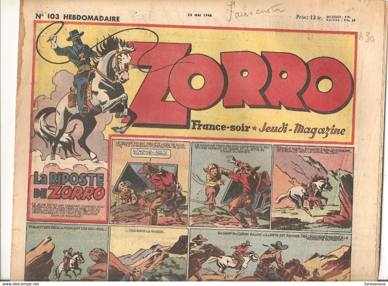 Zorro Hebdomadaire N°103 Du 23 Mai 1948 La Riposte Zorro - Zorro