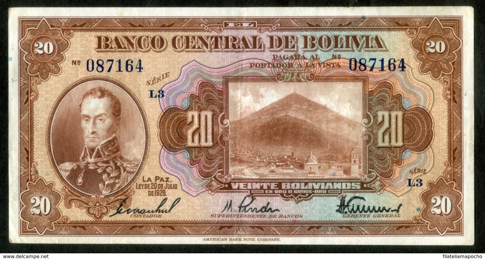 BOLIVIA BILLETES; 1928 - 20 BOLIVIANOS - Bolivia