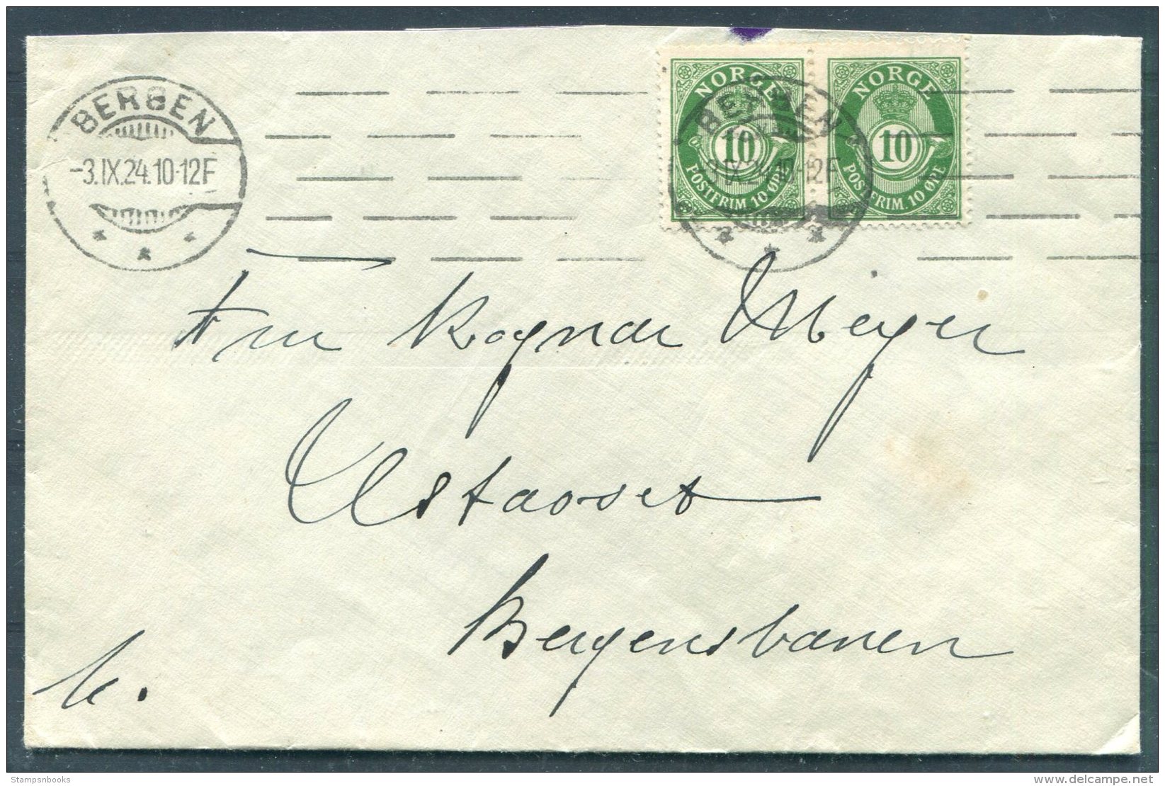 1924 Norway 10 Ore X 2 Posthorn Bergen Machine Cancel Cover - Covers & Documents