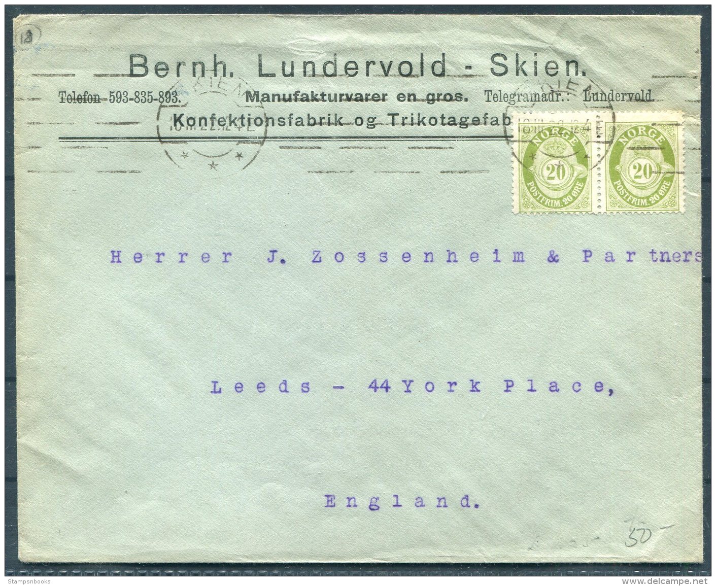 1922 Norway 40 Ore Rate Cover (2 X 20ore Green Posthorn) Skien - Zossenheim &amp; Partners, Leeds, England - Covers & Documents