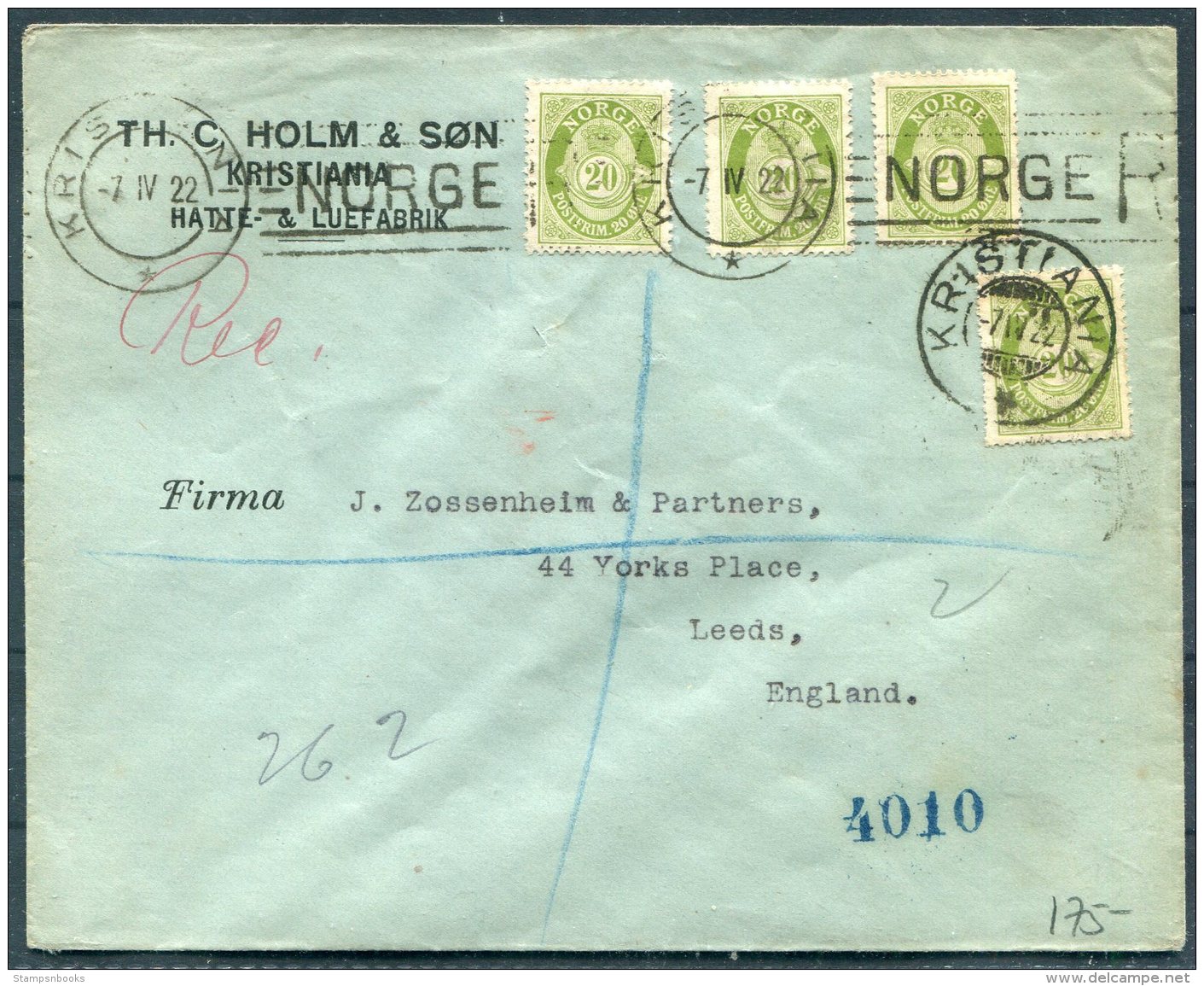 1922 Norway 80 Ore Rate Registered Cover (4 X 20ore Green Posthorn) Kristiania Machine + Cds - Zossenheim,Leeds England - Covers & Documents