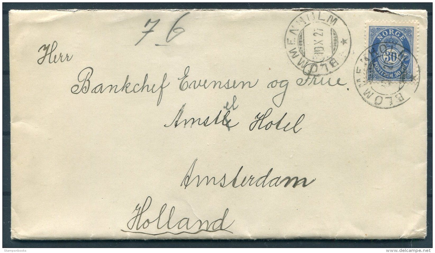 1927 Norway 30 Ore Blue Posthorn Cover Blommenholm - Amsterdam, Holland - Covers & Documents